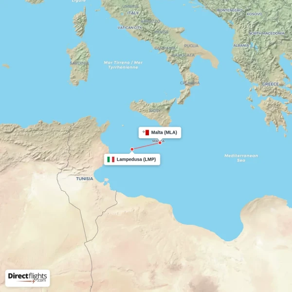Malta - Lampedusa direct flight map