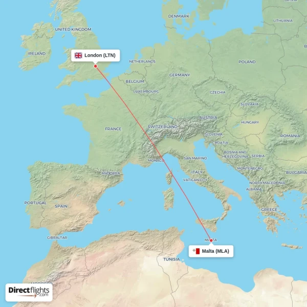 Malta - London direct flight map