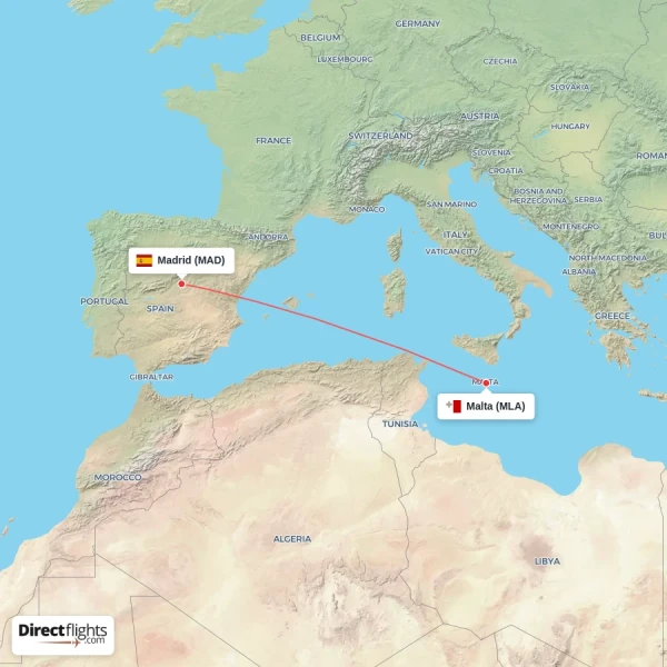 Malta - Madrid direct flight map
