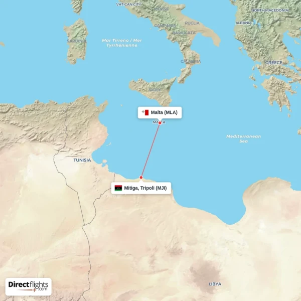 Malta - Mitiga, Tripoli direct flight map