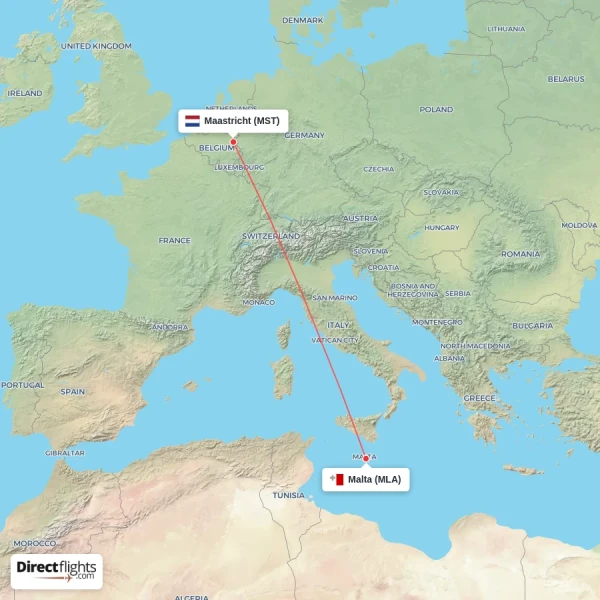 Malta - Maastricht direct flight map