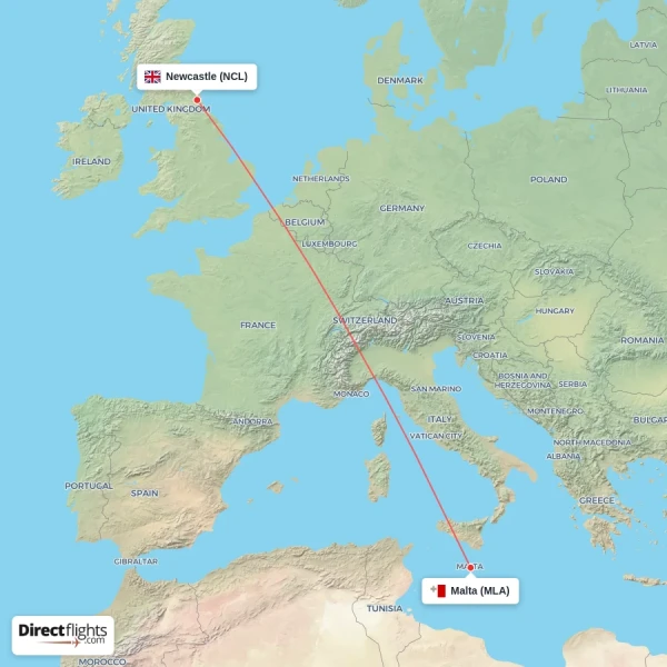 Malta - Newcastle direct flight map