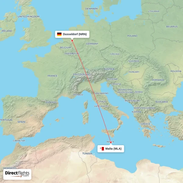 Malta - Dusseldorf direct flight map