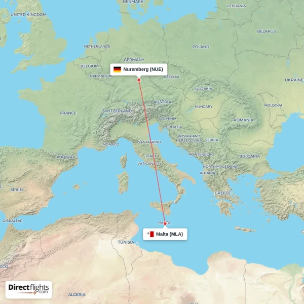 Malta - Nuremberg direct flight map