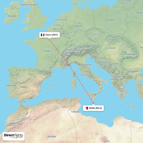 Malta - Paris direct flight map