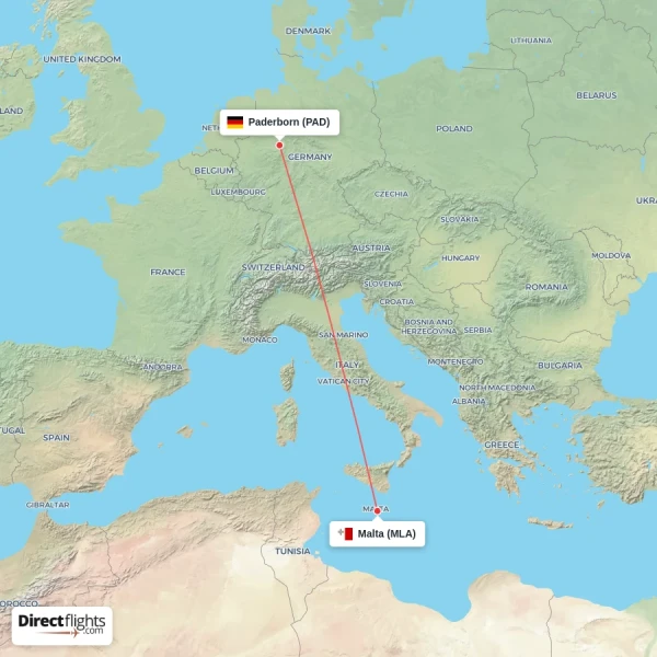 Malta - Paderborn direct flight map