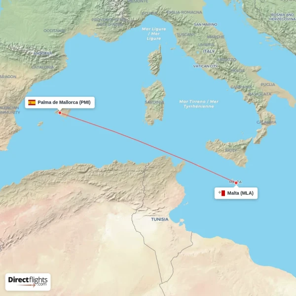 Malta - Palma de Mallorca direct flight map