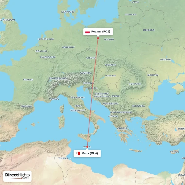 Malta - Poznan direct flight map