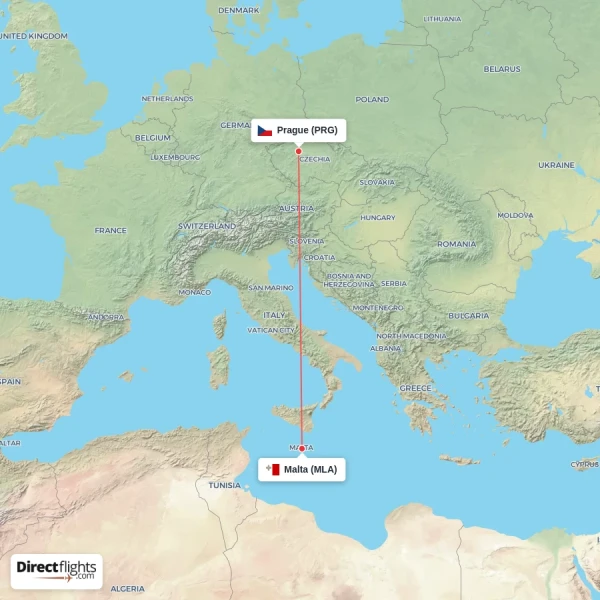 Malta - Prague direct flight map