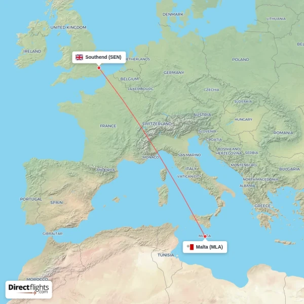 Malta - Southend direct flight map