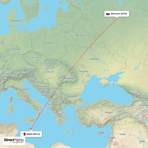 Malta - Moscow direct flight map