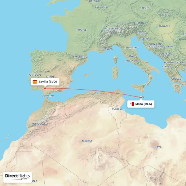 Malta - Sevilla direct flight map