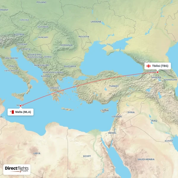 Malta - Tbilisi direct flight map