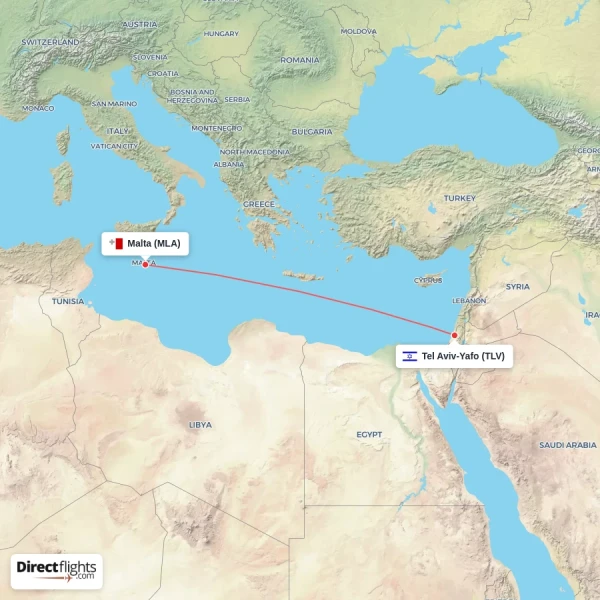 Malta - Tel Aviv-Yafo direct flight map