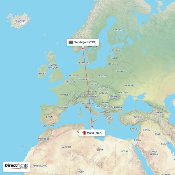 Malta - Sandefjord direct flight map
