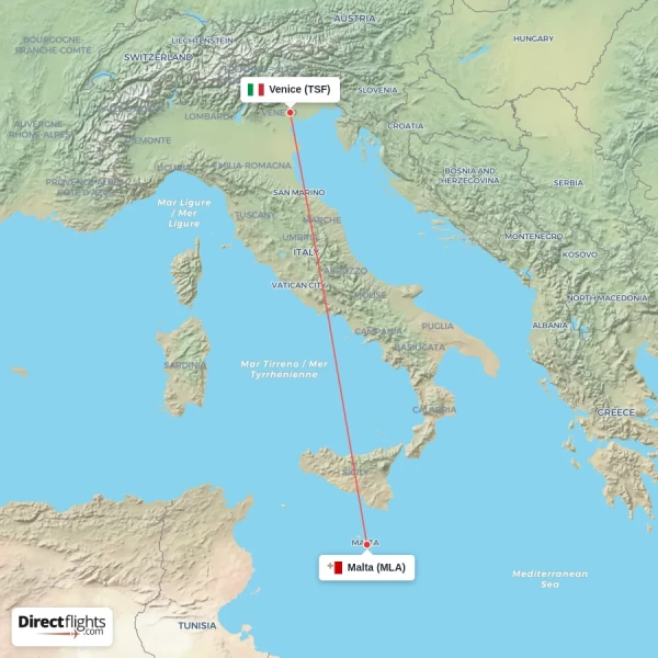 Malta - Venice direct flight map