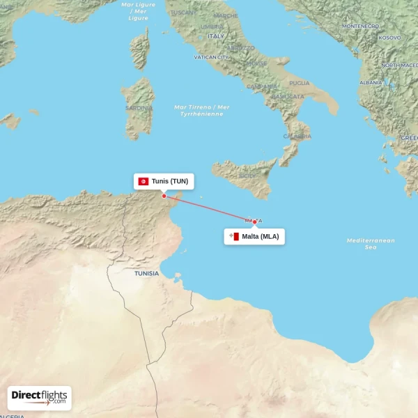Malta - Tunis direct flight map