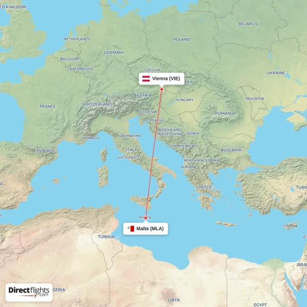 Malta - Vienna direct flight map