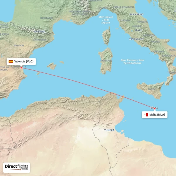 Malta - Valencia direct flight map