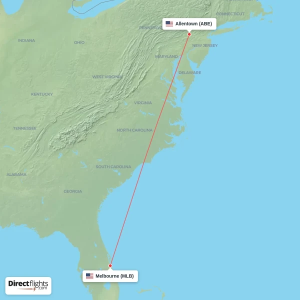 Melbourne - Allentown direct flight map