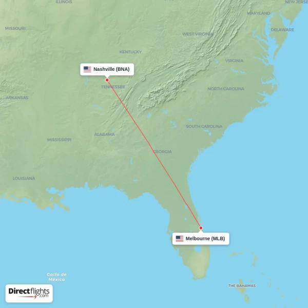 Melbourne - Nashville direct flight map