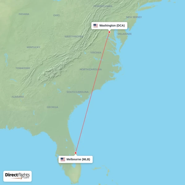 Melbourne - Washington direct flight map
