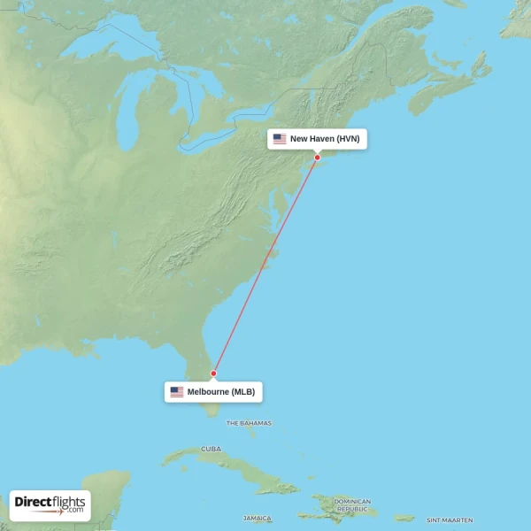 Melbourne - New Haven direct flight map