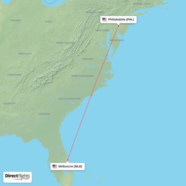 Melbourne - Philadelphia direct flight map