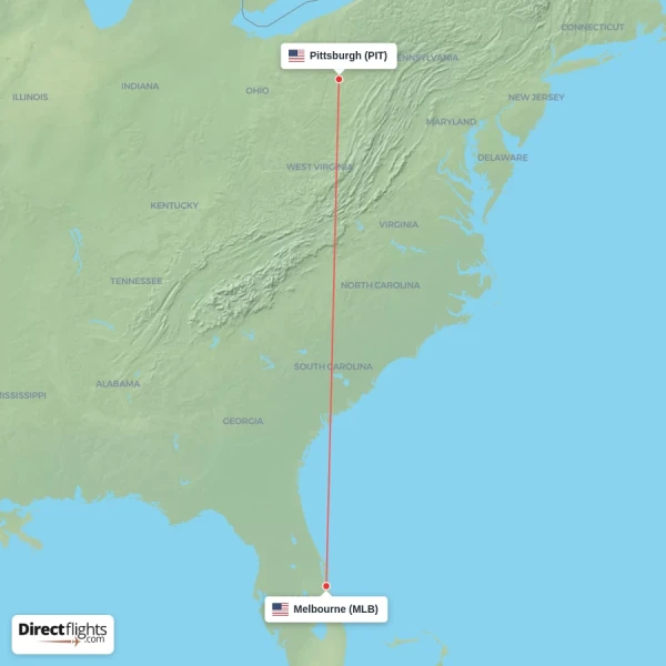 Melbourne - Pittsburgh direct flight map