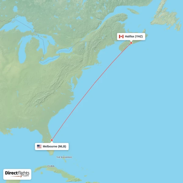 Melbourne - Halifax direct flight map