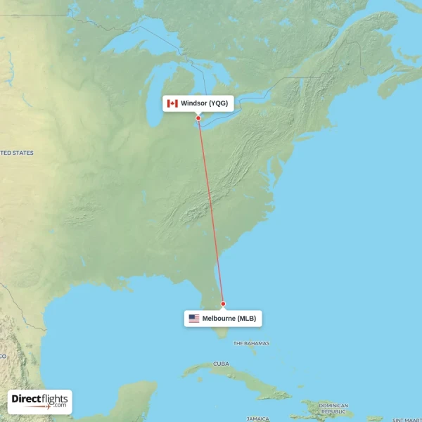 Melbourne - Windsor direct flight map