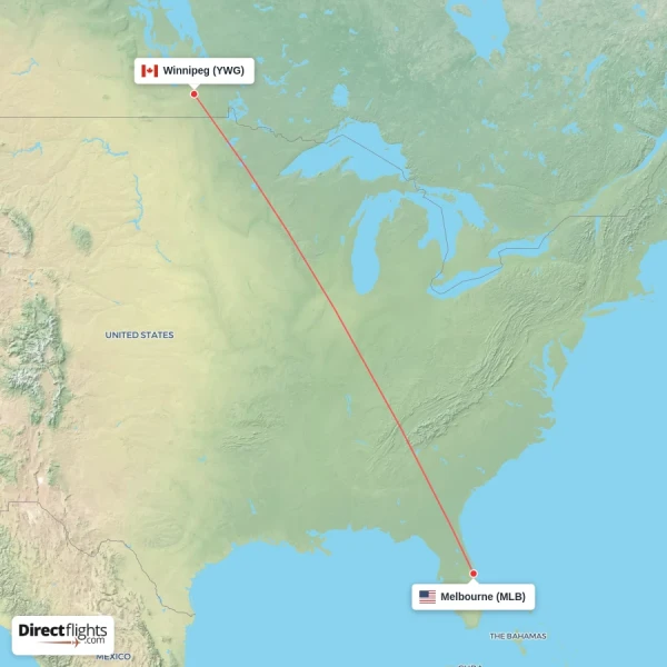 Melbourne - Winnipeg direct flight map