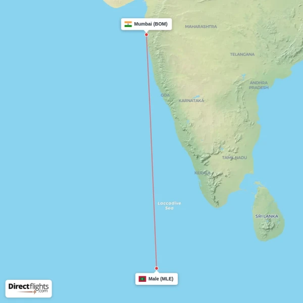 Male - Mumbai direct flight map