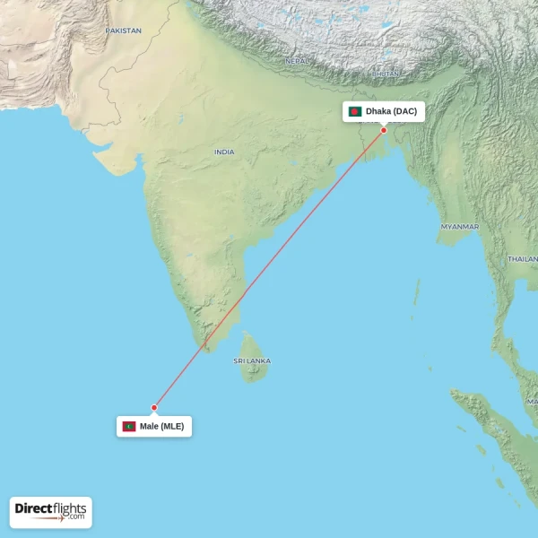 Male - Dhaka direct flight map
