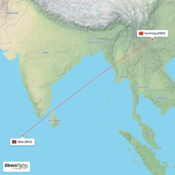 Male - Kunming direct flight map