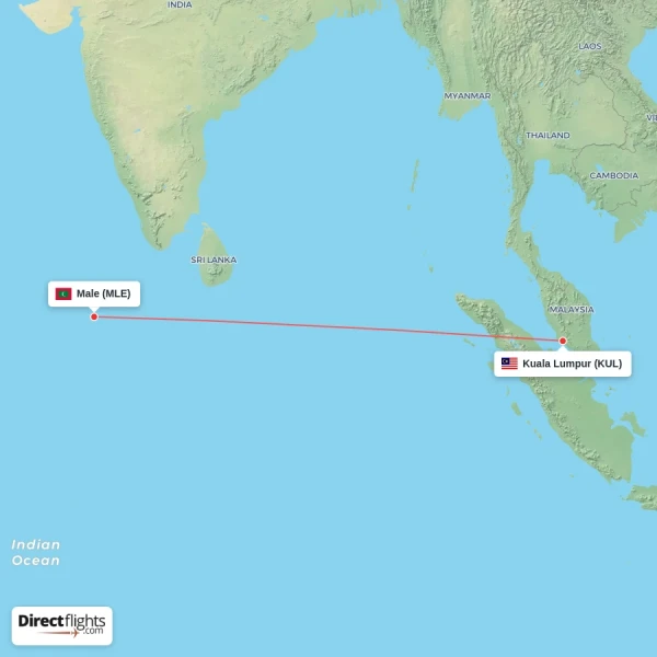 Male - Kuala Lumpur direct flight map