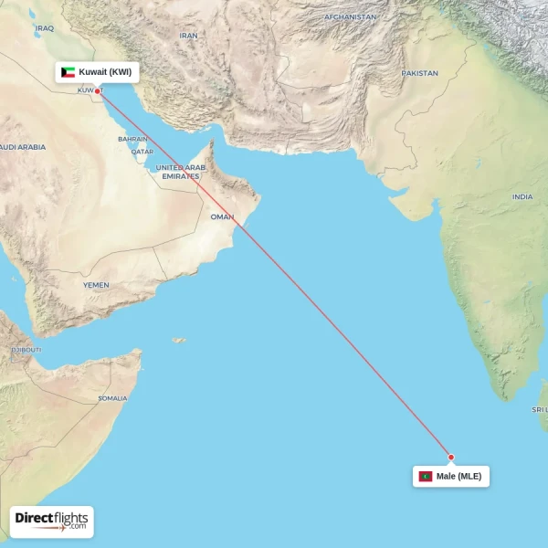 Male - Kuwait direct flight map