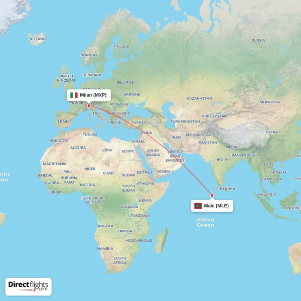 Male - Milan direct flight map