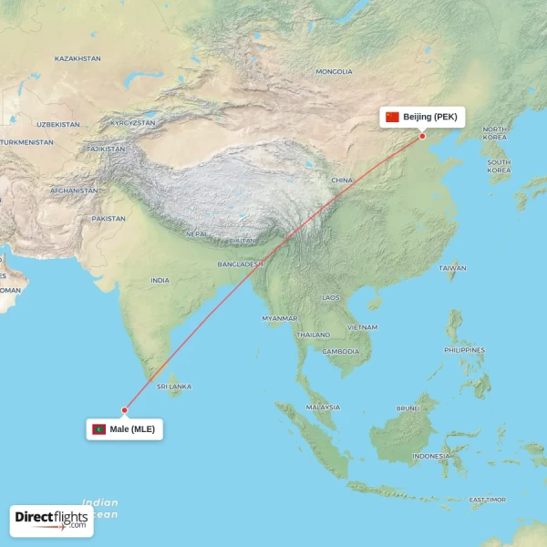Male - Beijing direct flight map