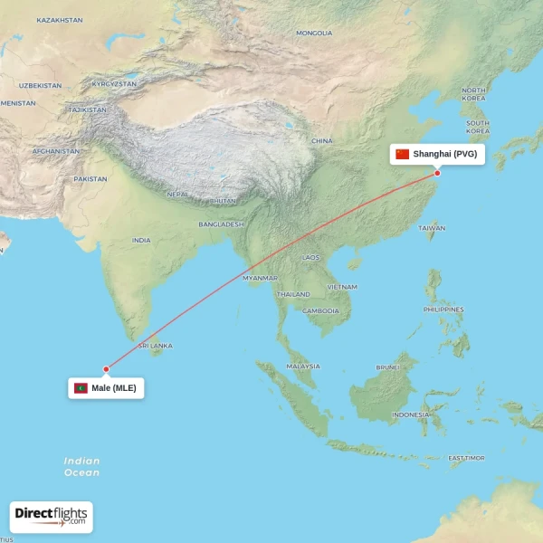 Male - Shanghai direct flight map