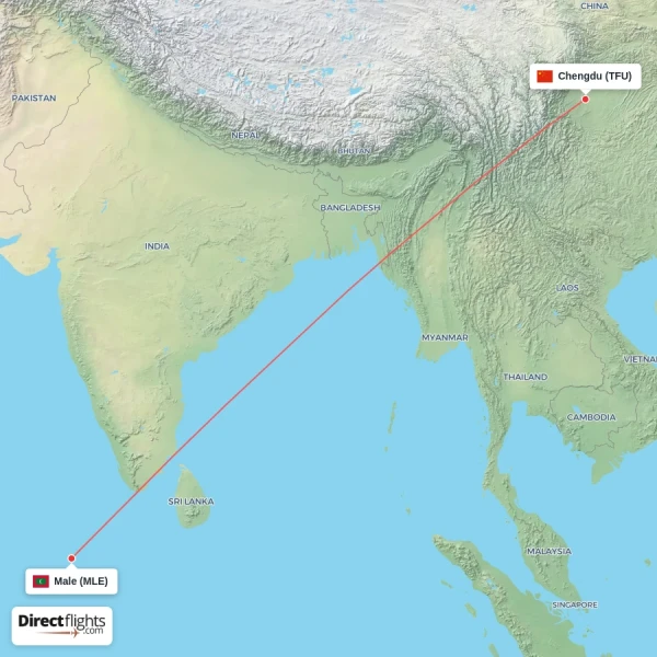 Male - Chengdu direct flight map