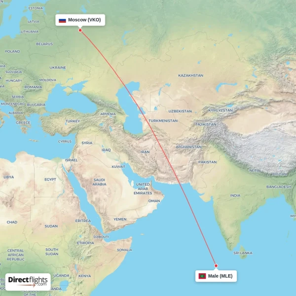 Male - Moscow direct flight map