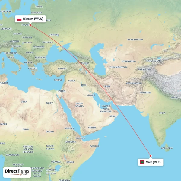 Male - Warsaw direct flight map