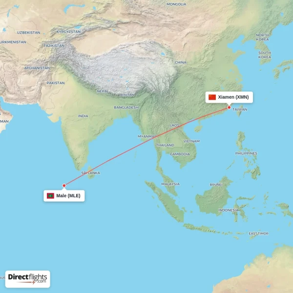 Male - Xiamen direct flight map