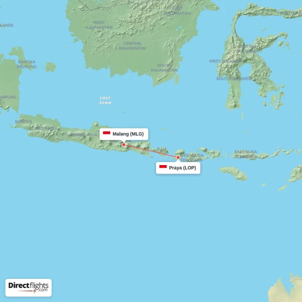 Malang - Praya direct flight map