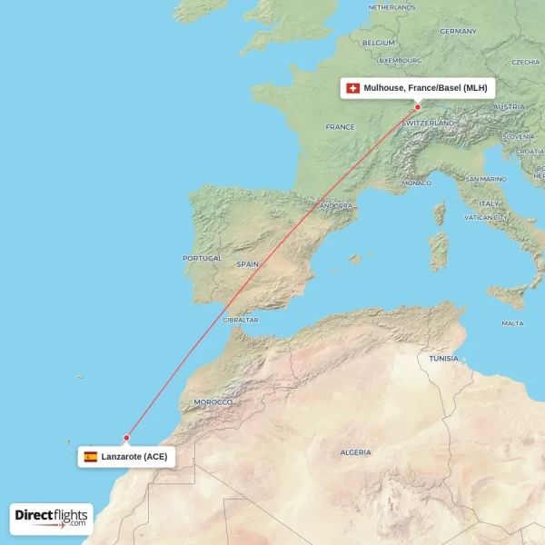 Mulhouse, France/Basel - Lanzarote direct flight map