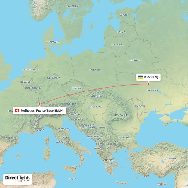 Mulhouse, France/Basel - Kiev direct flight map