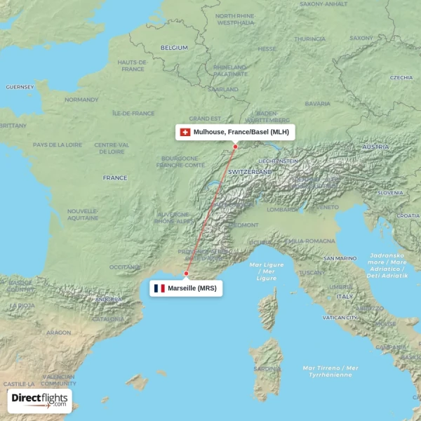 Mulhouse, France/Basel - Marseille direct flight map