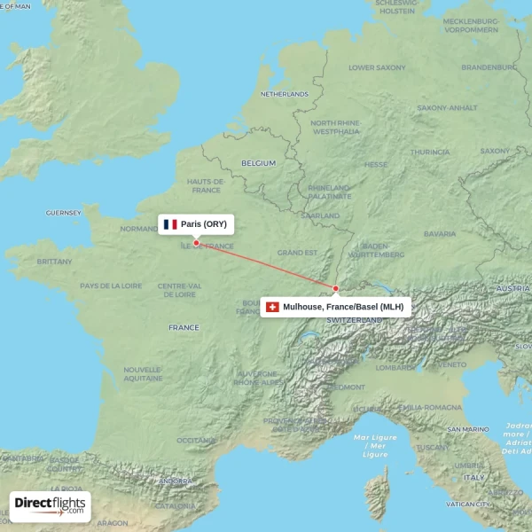 Mulhouse, France/Basel - Paris direct flight map