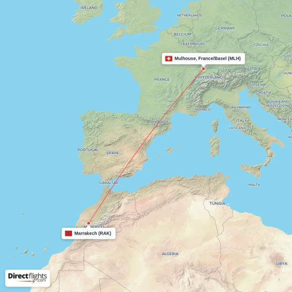 Mulhouse, France/Basel - Marrakech direct flight map